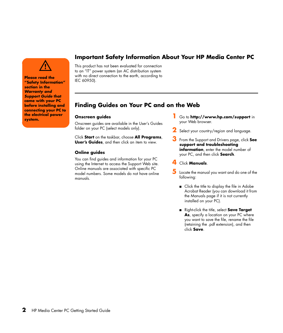 Finding guides on your pc and on the web, Onscreen guides, Online guides | Important safety information about your hp media, Center pc | HP Media Center PC User Manual | Page 6 / 86