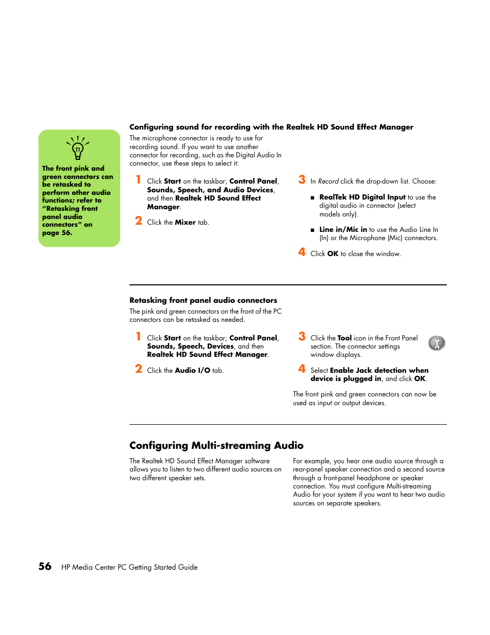 Retasking front panel audio connectors, Configuring multi-streaming audio, Sound effect manager | HP Media Center PC User Manual | Page 60 / 86