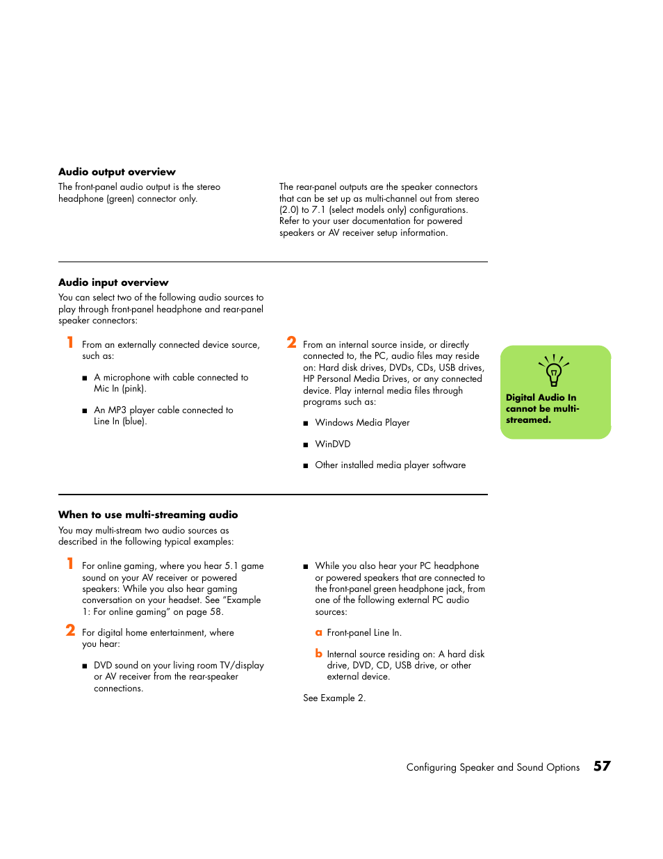 Audio output overview, Audio input overview, When to use multi-streaming audio | HP Media Center PC User Manual | Page 61 / 86