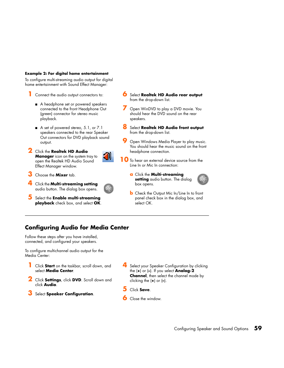 Configuring audio for media center | HP Media Center PC User Manual | Page 63 / 86