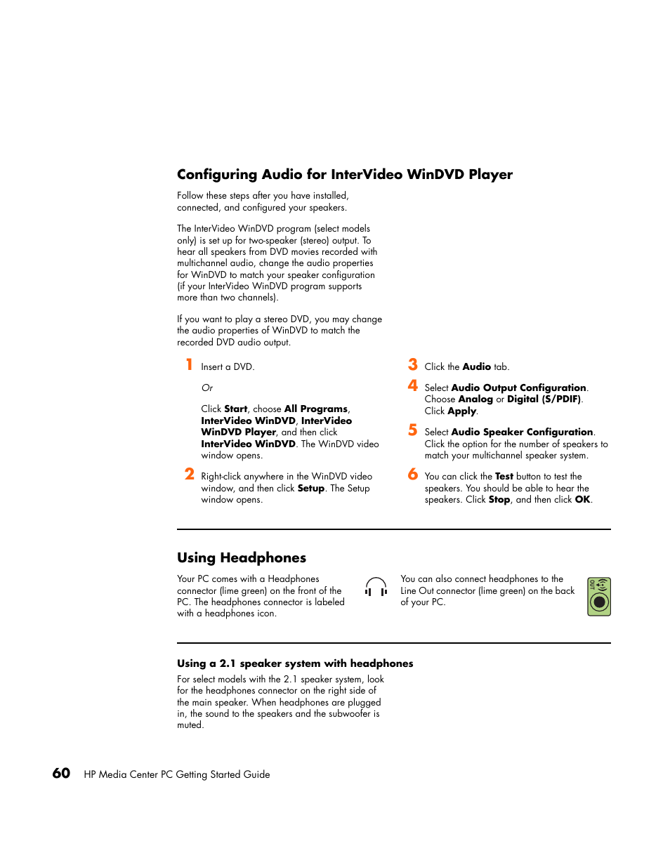 Configuring audio for intervideo windvd player, Using headphones, Using a 2.1 speaker system with headphones | HP Media Center PC User Manual | Page 64 / 86