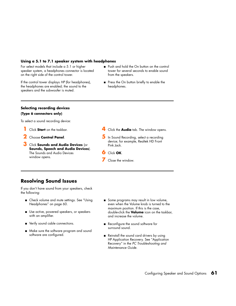 Using a 5.1 to 7.1 speaker system with headphones, Selecting recording devices, Resolving sound issues | HP Media Center PC User Manual | Page 65 / 86
