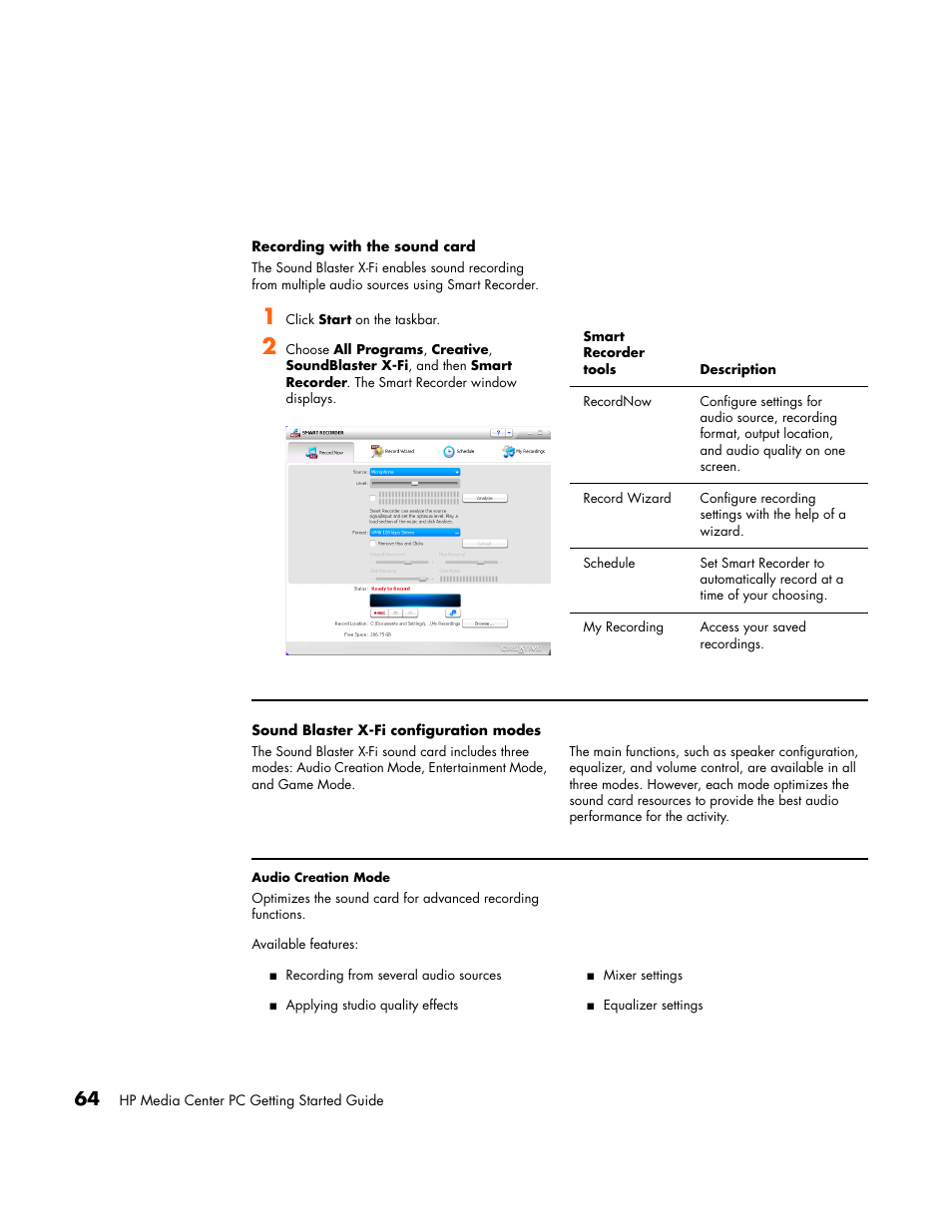 Recording with the sound card, Sound blaster x-fi configuration modes | HP Media Center PC User Manual | Page 68 / 86