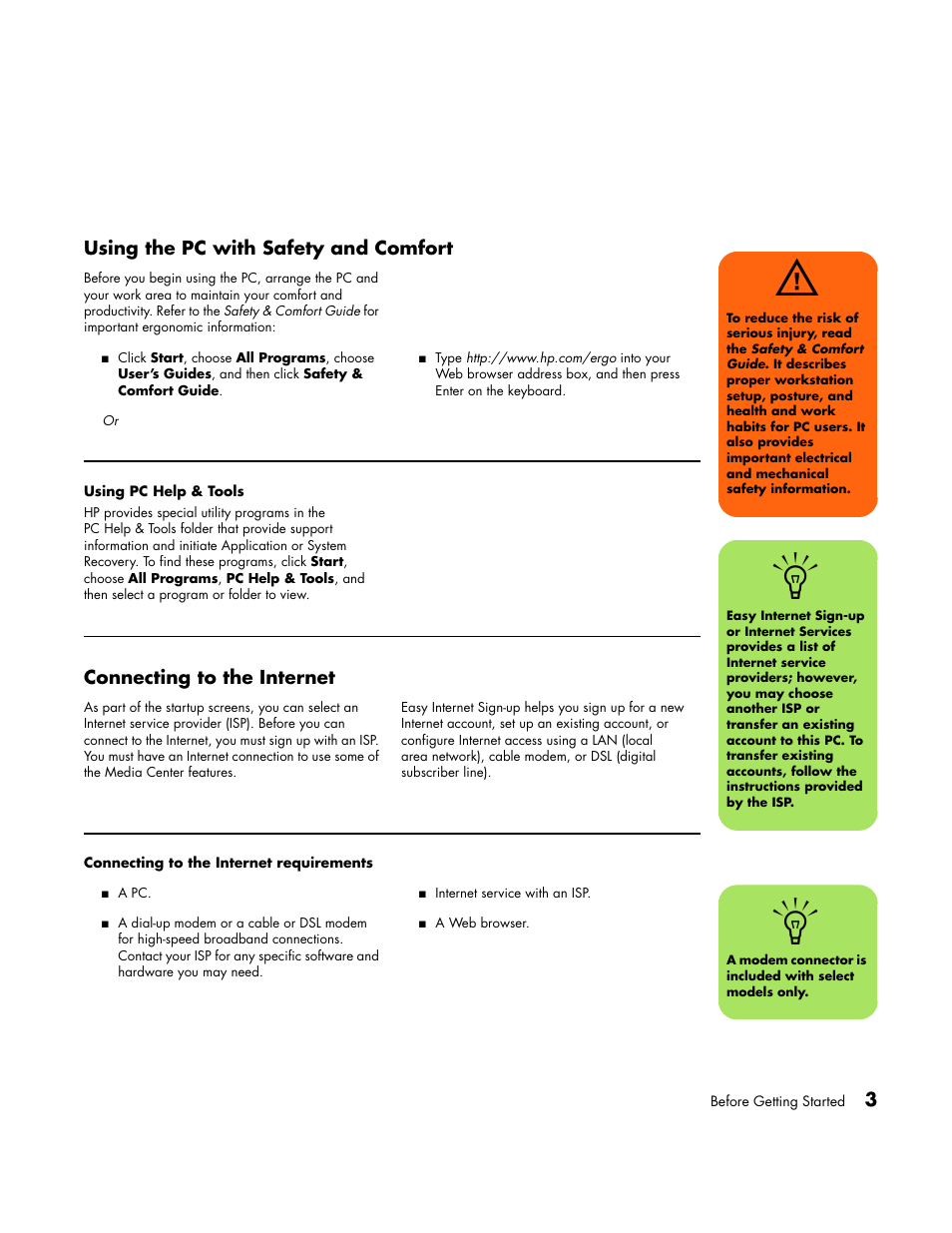 Using the pc with safety and comfort, Using pc help & tools, Connecting to the internet | Connecting to the internet requirements | HP Media Center PC User Manual | Page 7 / 86