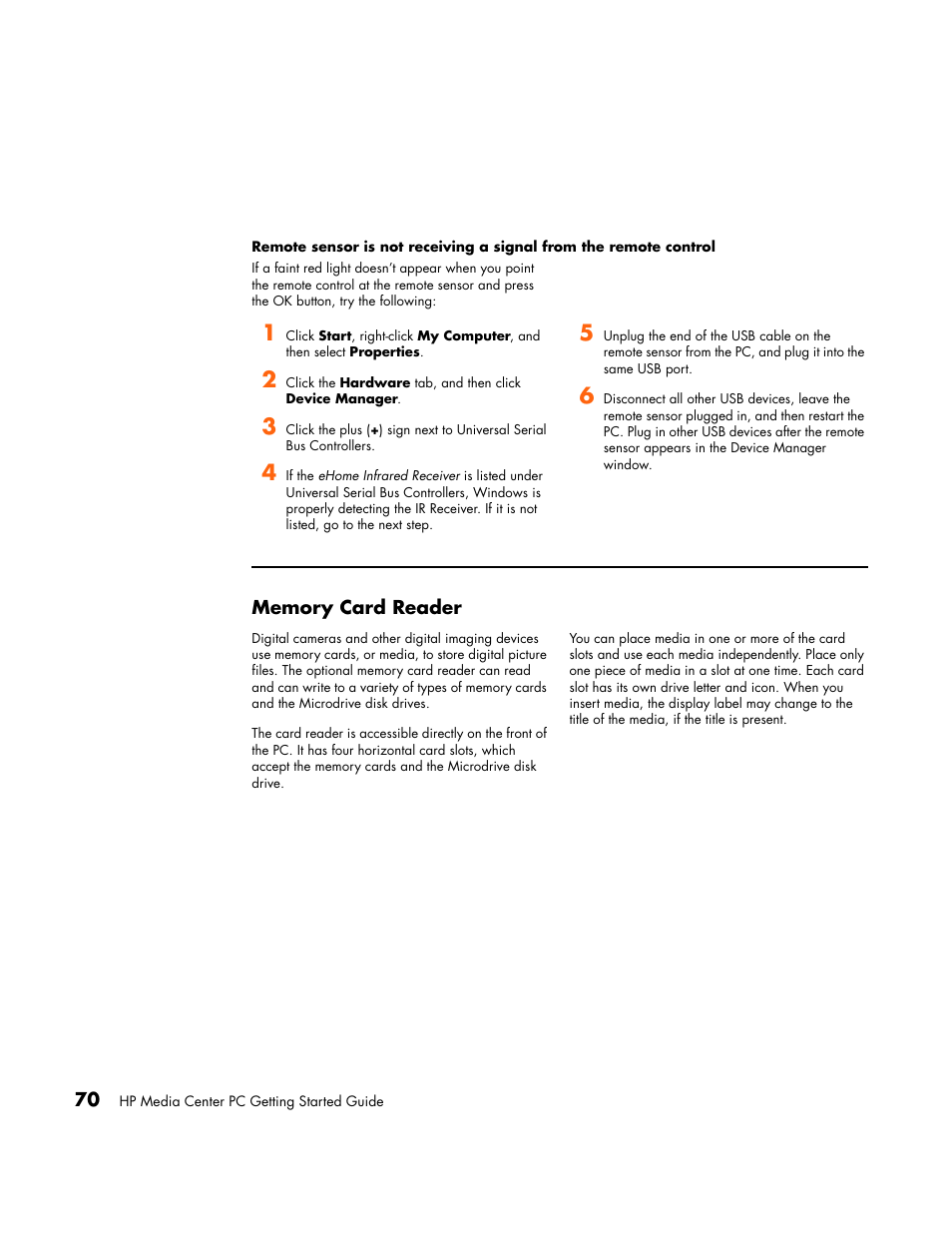 Memory card reader, Control | HP Media Center PC User Manual | Page 74 / 86