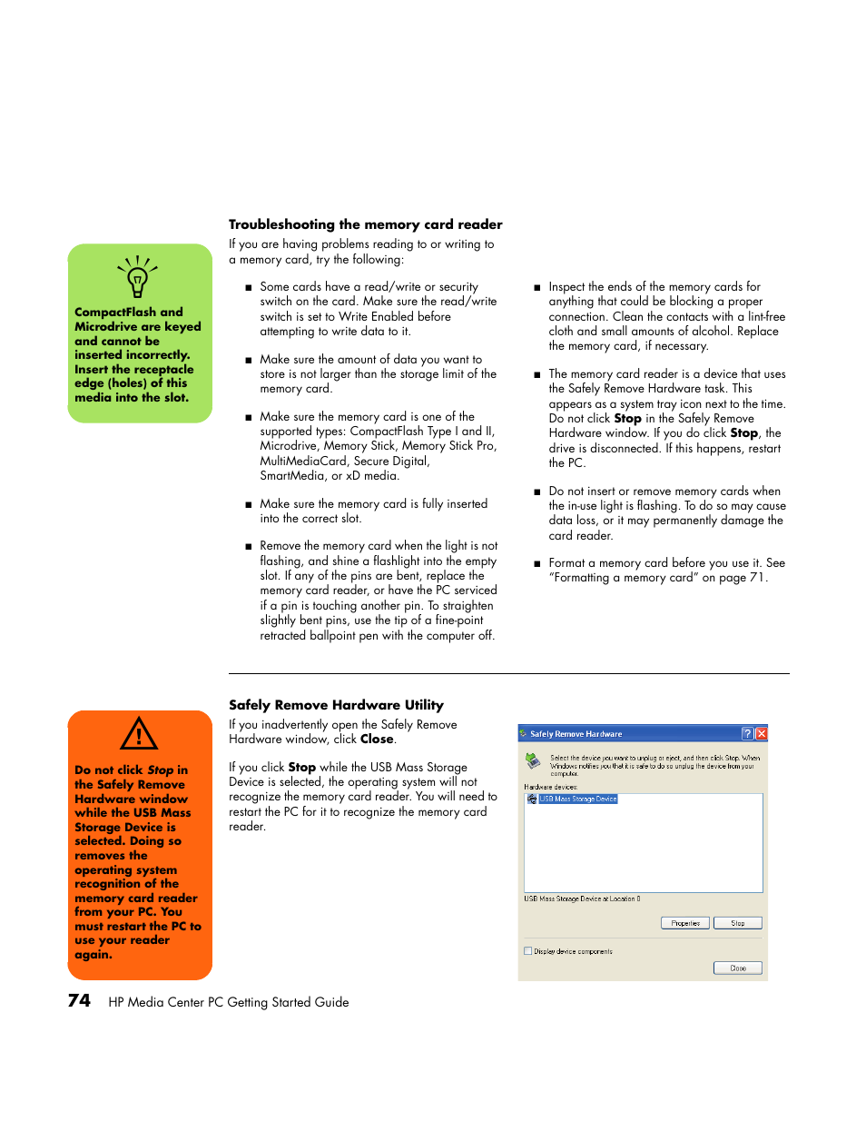 Troubleshooting the memory card reader, Safely remove hardware utility | HP Media Center PC User Manual | Page 78 / 86