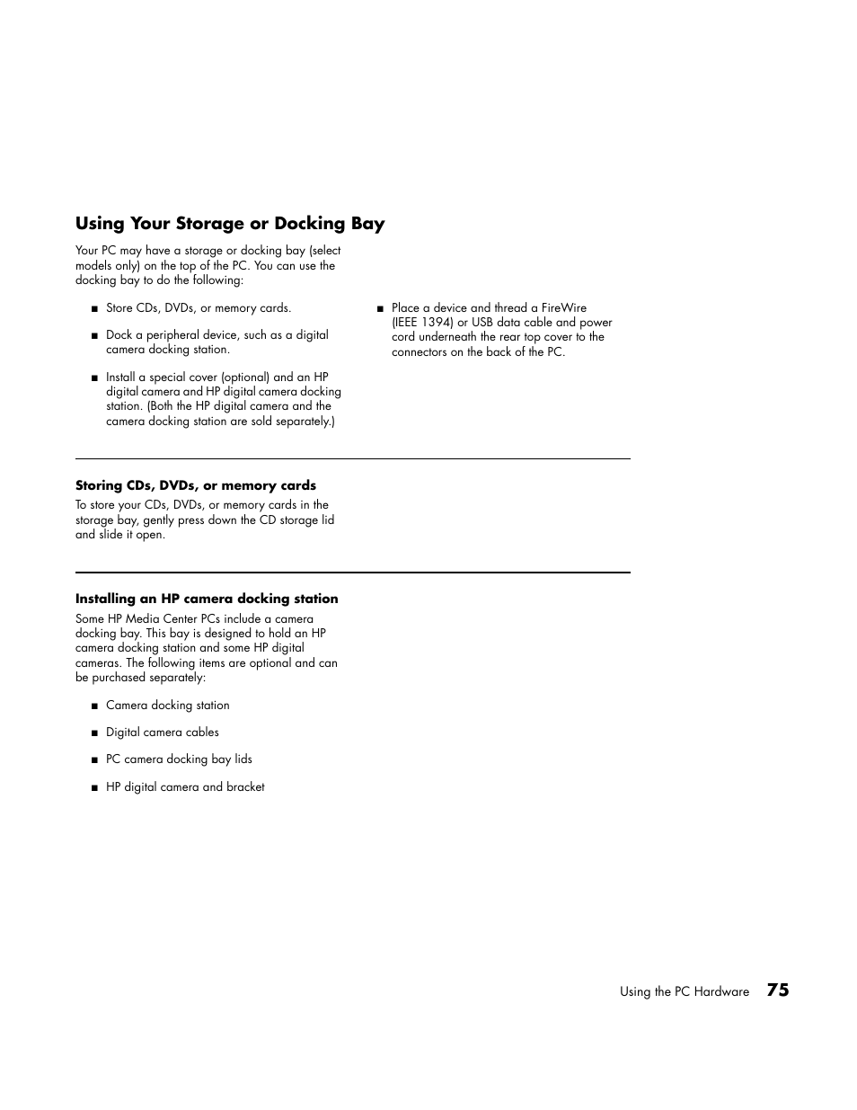 Using your storage or docking bay, Storing cds, dvds, or memory cards, Installing an hp camera docking station | 75 using your storage or docking bay | HP Media Center PC User Manual | Page 79 / 86