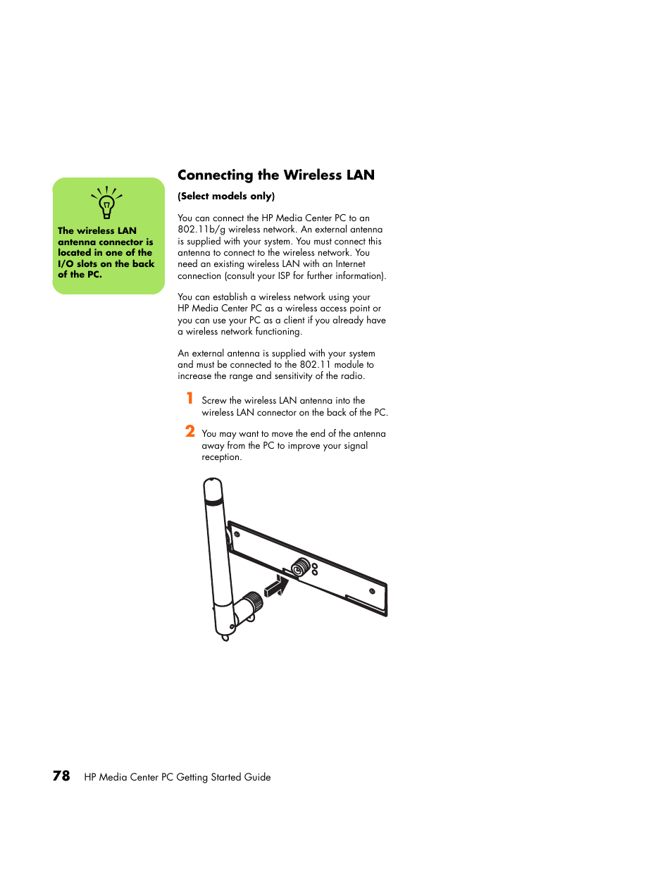 Connecting the wireless lan | HP Media Center PC User Manual | Page 82 / 86