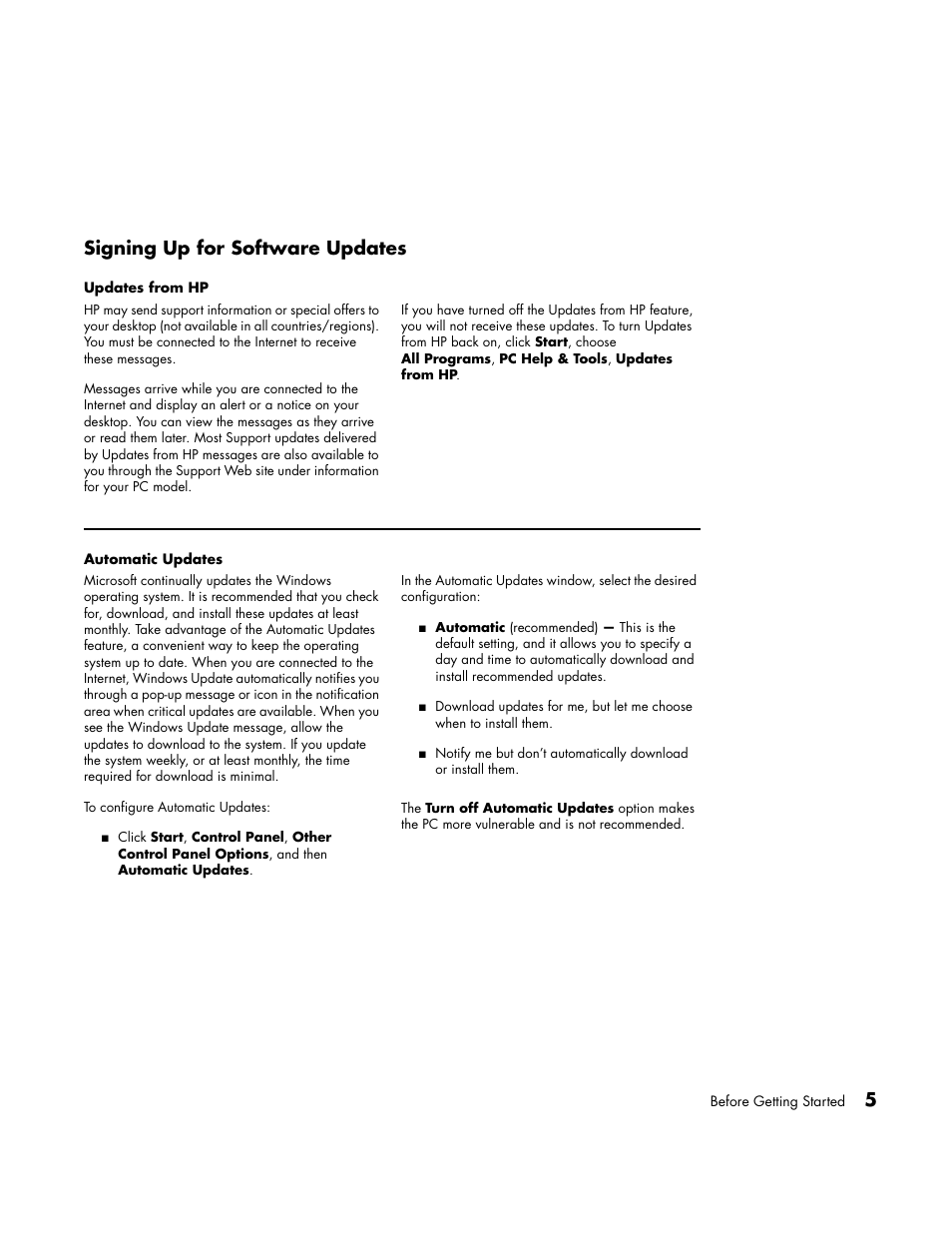 Signing up for software updates, Updates from hp, Automatic updates | 5signing up for software updates | HP Media Center PC User Manual | Page 9 / 86