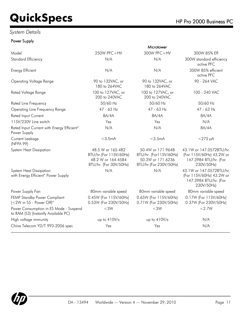 Quickspecs, Hp pro 2000 business pc, Hp pro 2000 business pc system details | HP PRO 2000 User Manual | Page 11 / 35