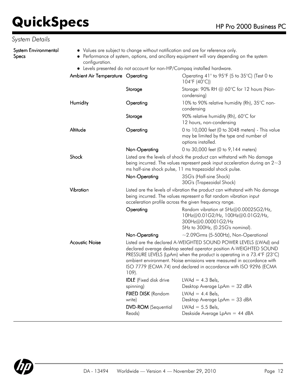 Quickspecs, Hp pro 2000 business pc, Hp pro 2000 business pc system details | HP PRO 2000 User Manual | Page 12 / 35