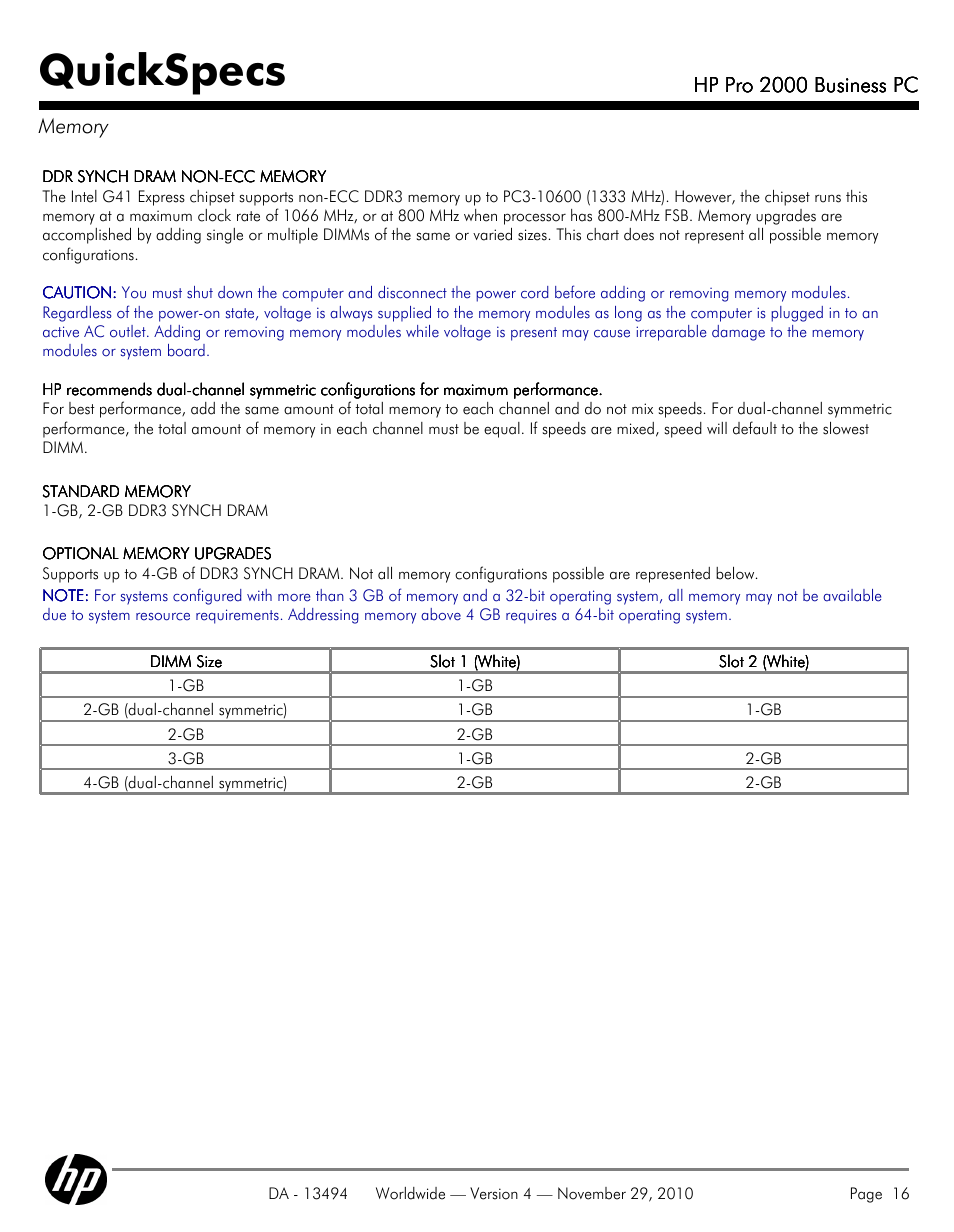 Memory, Quickspecs | HP PRO 2000 User Manual | Page 16 / 35