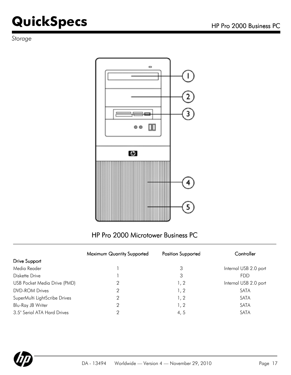 Storage, Quickspecs, Hp pro 2000 microtower business pc | HP PRO 2000 User Manual | Page 17 / 35