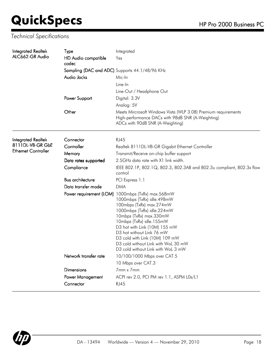 Technical specifications, Quickspecs, Hp pro 2000 business pc | Hp pro 2000 business pc technical specifications | HP PRO 2000 User Manual | Page 18 / 35
