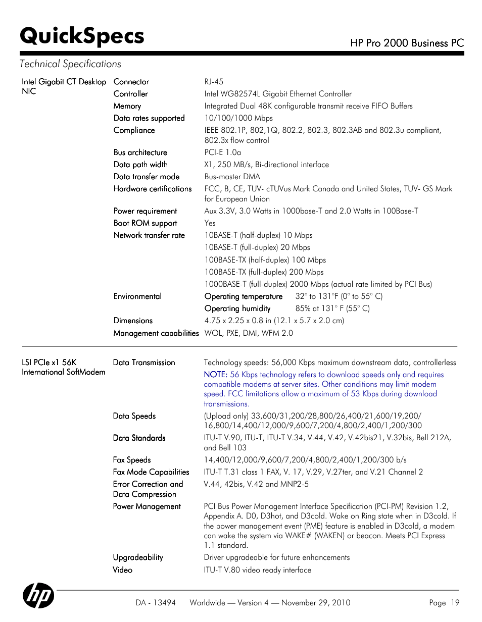 Quickspecs, Hp pro 2000 business pc, Hp pro 2000 business pc technical specifications | HP PRO 2000 User Manual | Page 19 / 35
