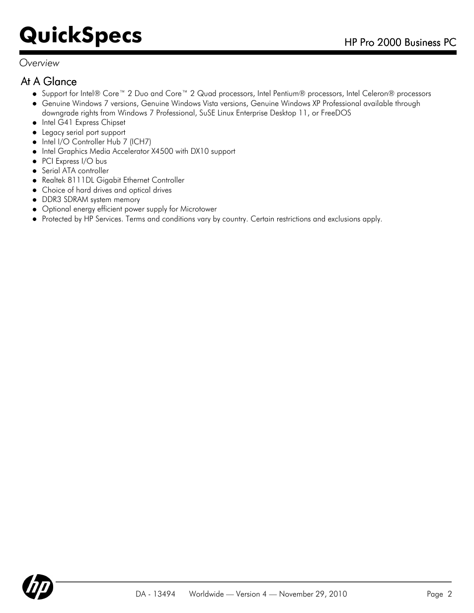 Quickspecs | HP PRO 2000 User Manual | Page 2 / 35