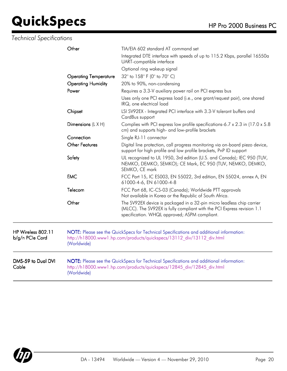 Quickspecs, Hp pro 2000 business pc, Hp pro 2000 business pc technical specifications | HP PRO 2000 User Manual | Page 20 / 35
