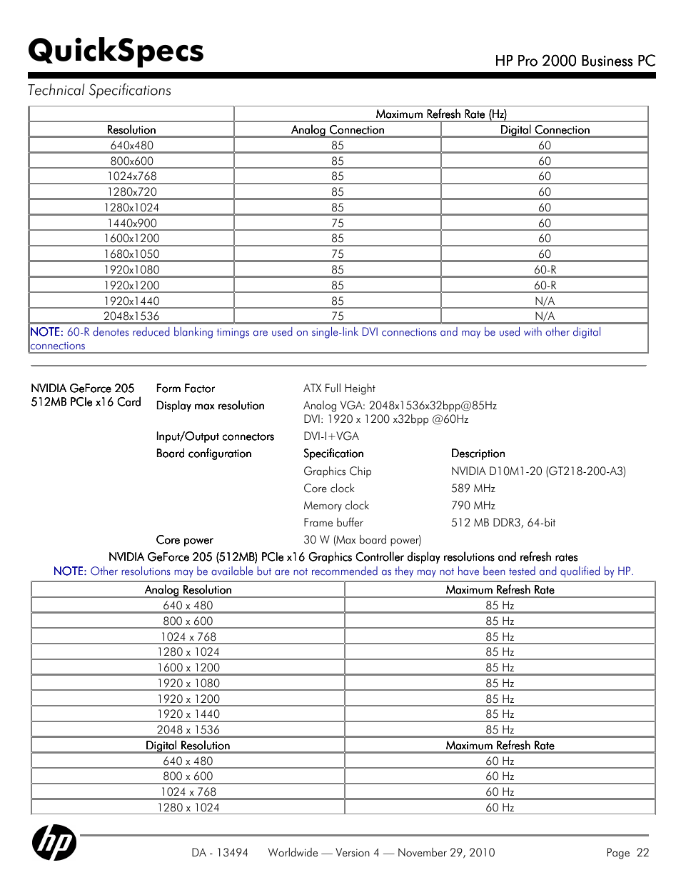 Quickspecs, Hp pro 2000 business pc, Hp pro 2000 business pc technical specifications | HP PRO 2000 User Manual | Page 22 / 35