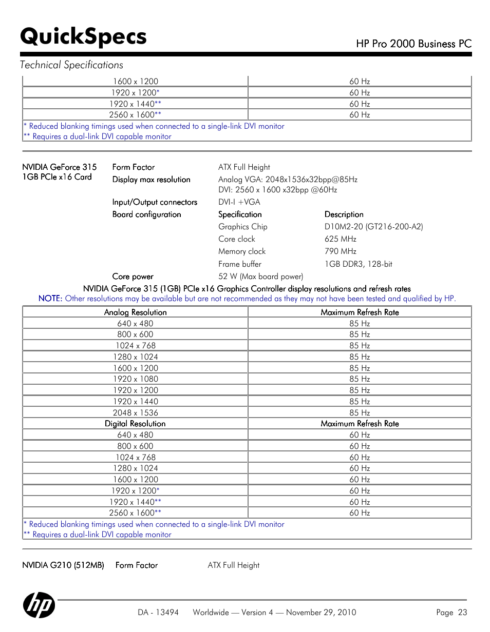 Quickspecs, Hp pro 2000 business pc, Hp pro 2000 business pc technical specifications | HP PRO 2000 User Manual | Page 23 / 35