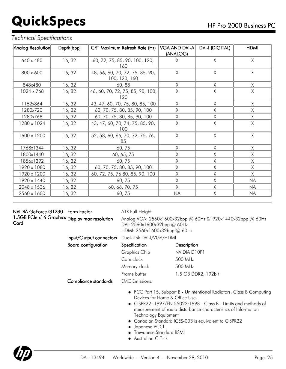 Quickspecs, Hp pro 2000 business pc, Hp pro 2000 business pc technical specifications | HP PRO 2000 User Manual | Page 25 / 35