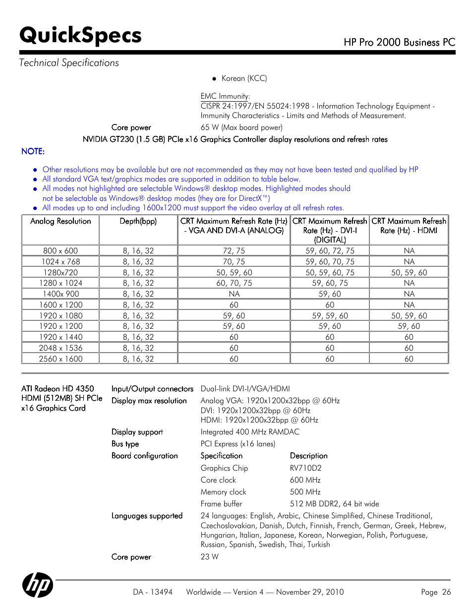 Quickspecs, Hp pro 2000 business pc, Hp pro 2000 business pc technical specifications | HP PRO 2000 User Manual | Page 26 / 35