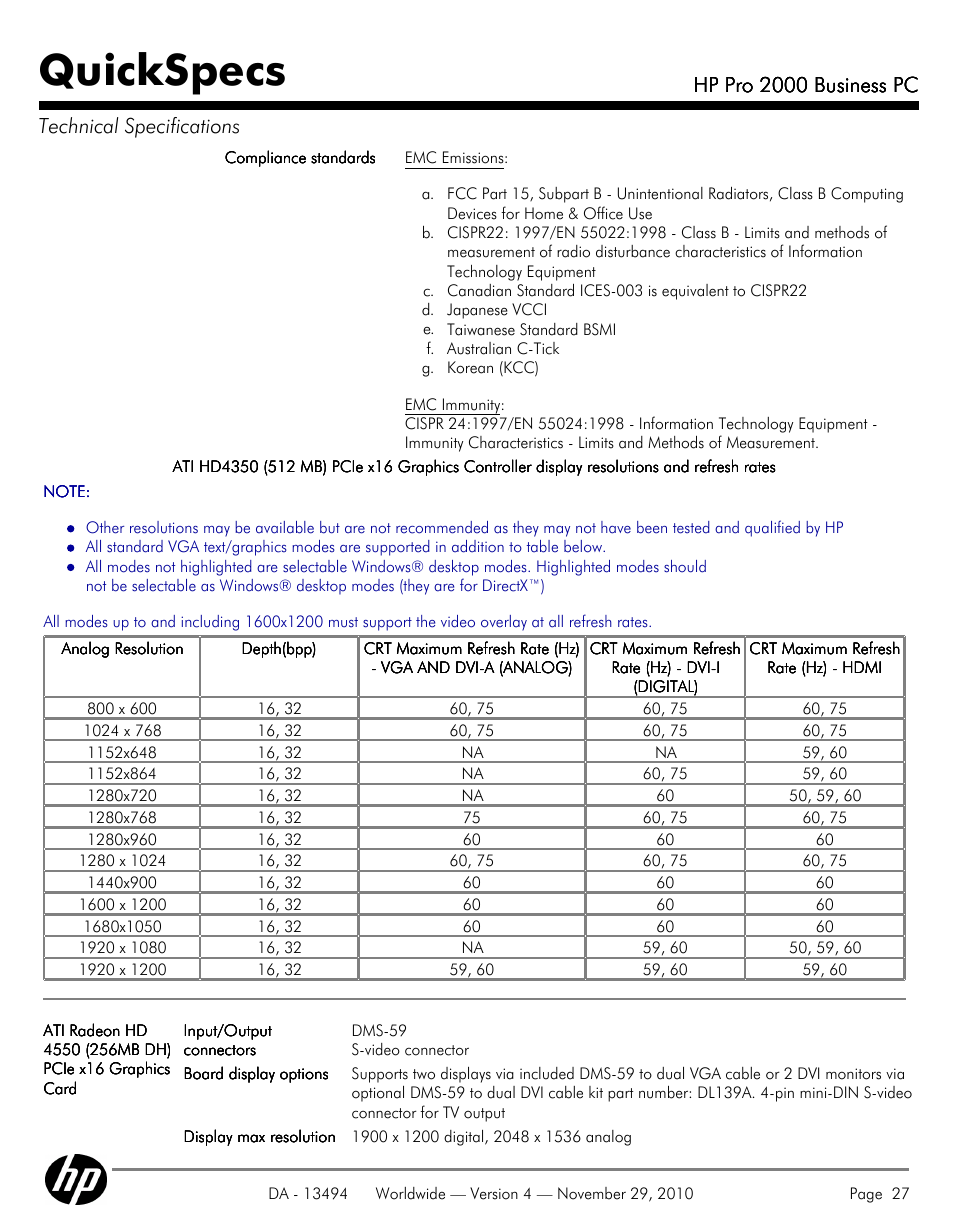 Quickspecs, Hp pro 2000 business pc, Hp pro 2000 business pc technical specifications | HP PRO 2000 User Manual | Page 27 / 35