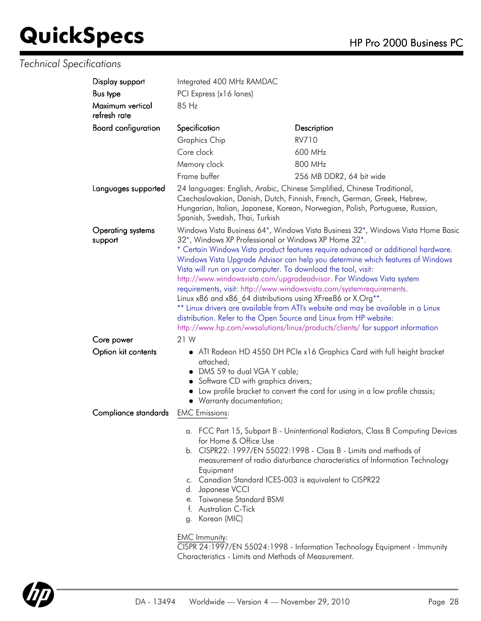 Quickspecs, Hp pro 2000 business pc, Hp pro 2000 business pc technical specifications | HP PRO 2000 User Manual | Page 28 / 35