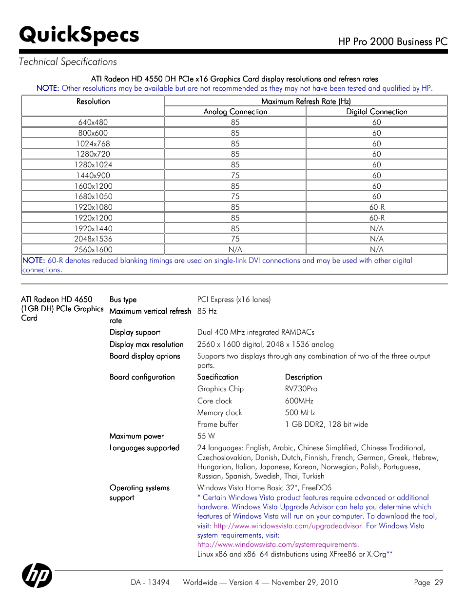 Quickspecs, Hp pro 2000 business pc, Hp pro 2000 business pc technical specifications | HP PRO 2000 User Manual | Page 29 / 35