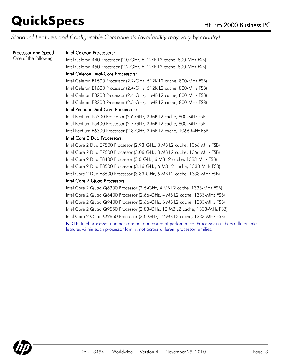 Quickspecs | HP PRO 2000 User Manual | Page 3 / 35
