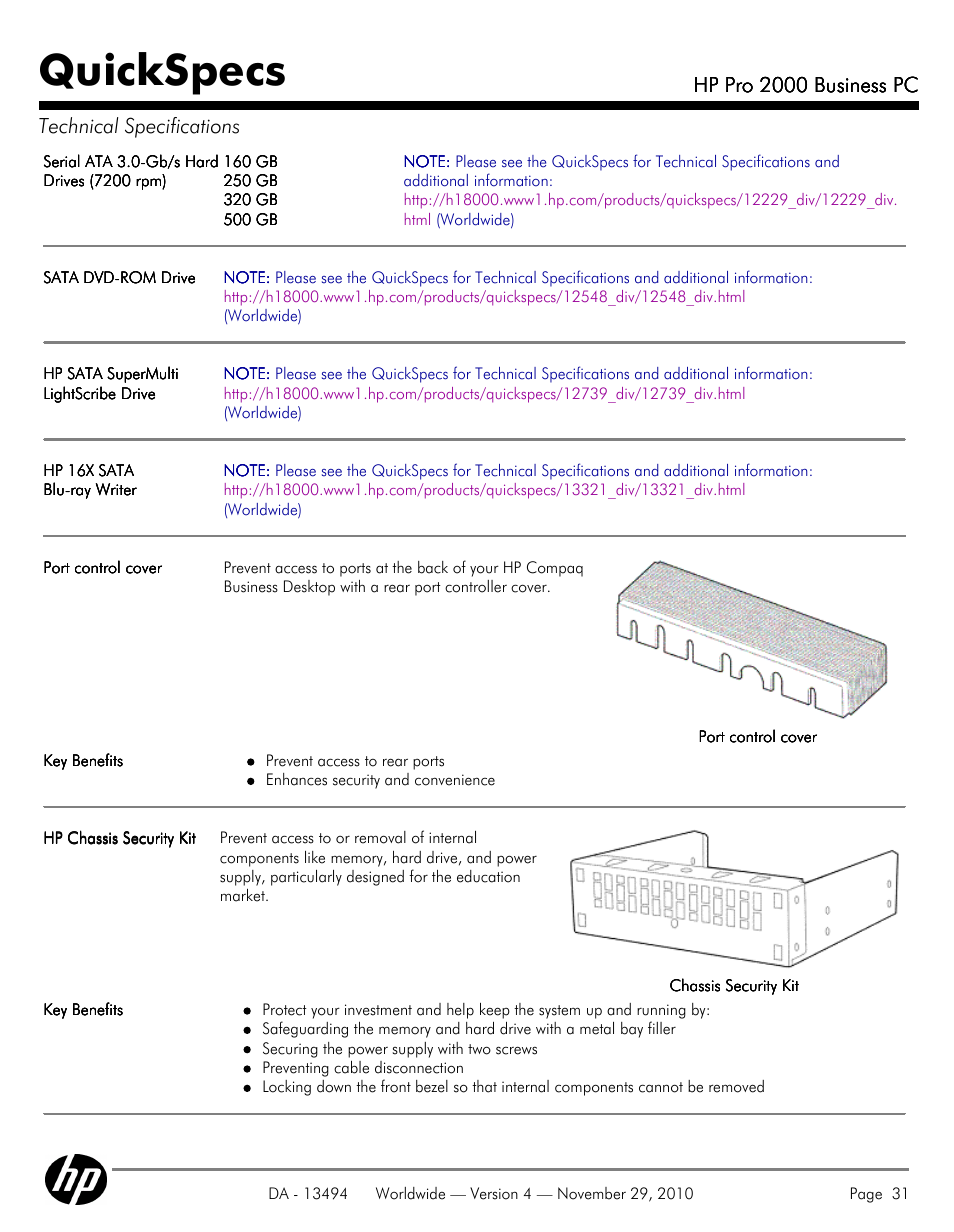 Quickspecs, Hp pro 2000 business pc, Hp pro 2000 business pc technical specifications | HP PRO 2000 User Manual | Page 31 / 35