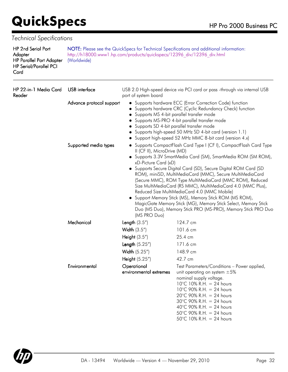 Quickspecs, Hp pro 2000 business pc, Hp pro 2000 business pc technical specifications | HP PRO 2000 User Manual | Page 32 / 35