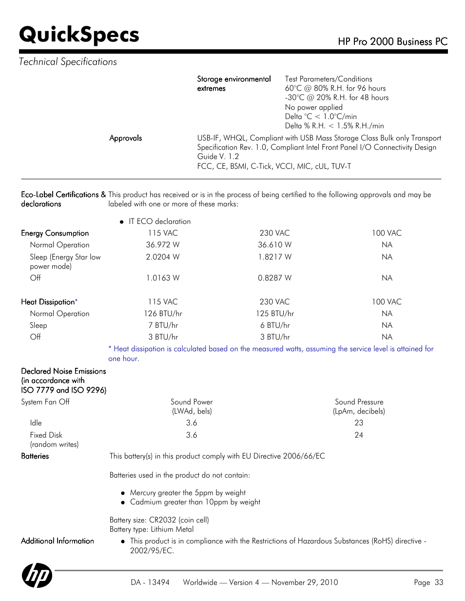 Quickspecs, Hp pro 2000 business pc, Hp pro 2000 business pc technical specifications | HP PRO 2000 User Manual | Page 33 / 35