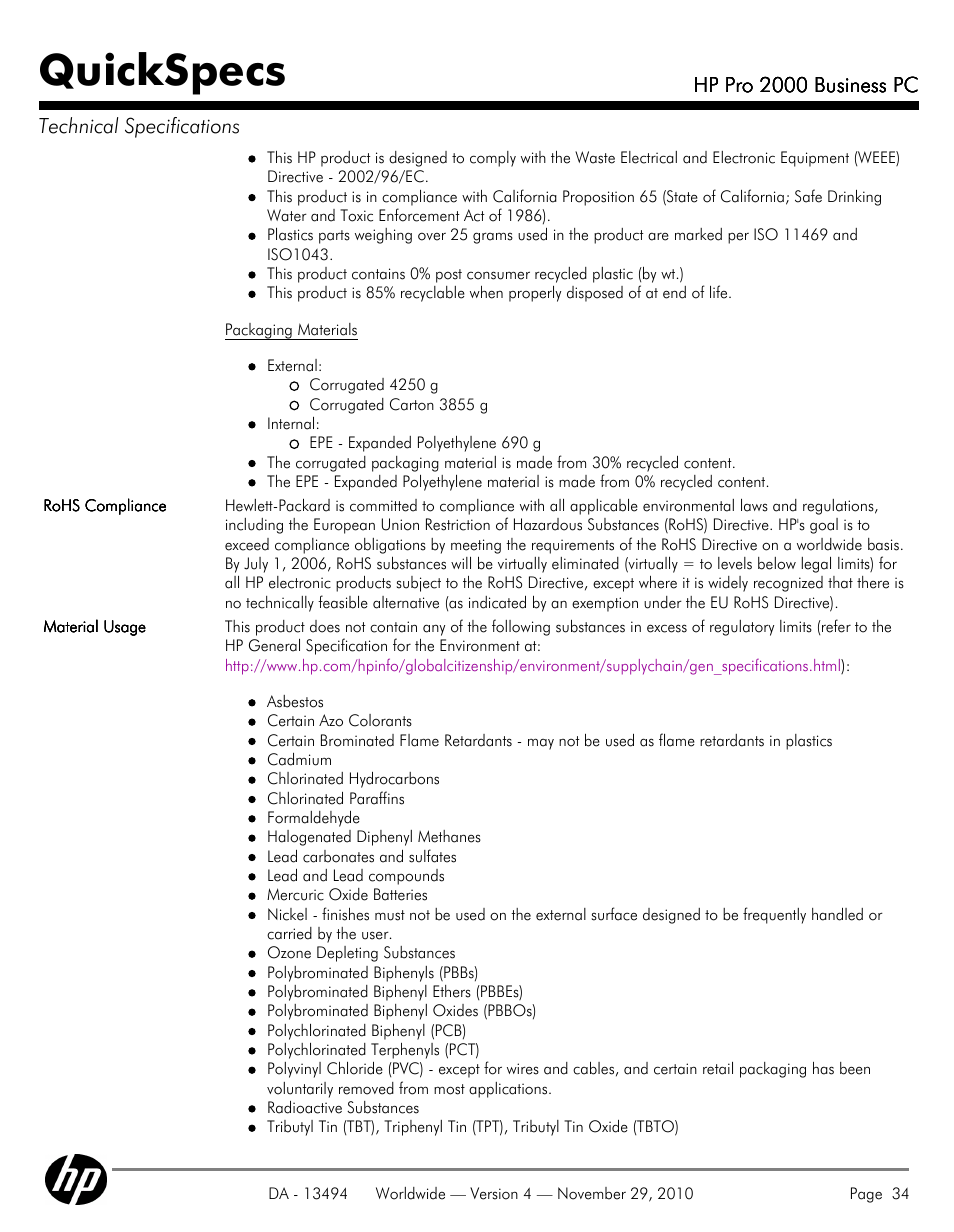 Quickspecs | HP PRO 2000 User Manual | Page 34 / 35