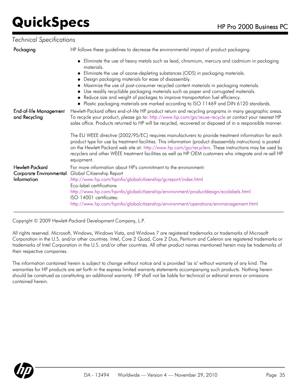 Quickspecs | HP PRO 2000 User Manual | Page 35 / 35