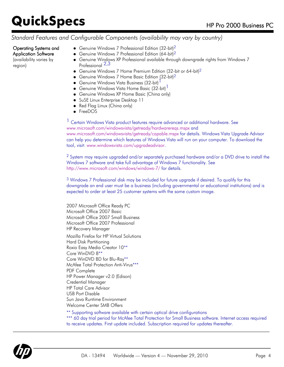 Quickspecs, Hp pro 2000 business pc | HP PRO 2000 User Manual | Page 4 / 35