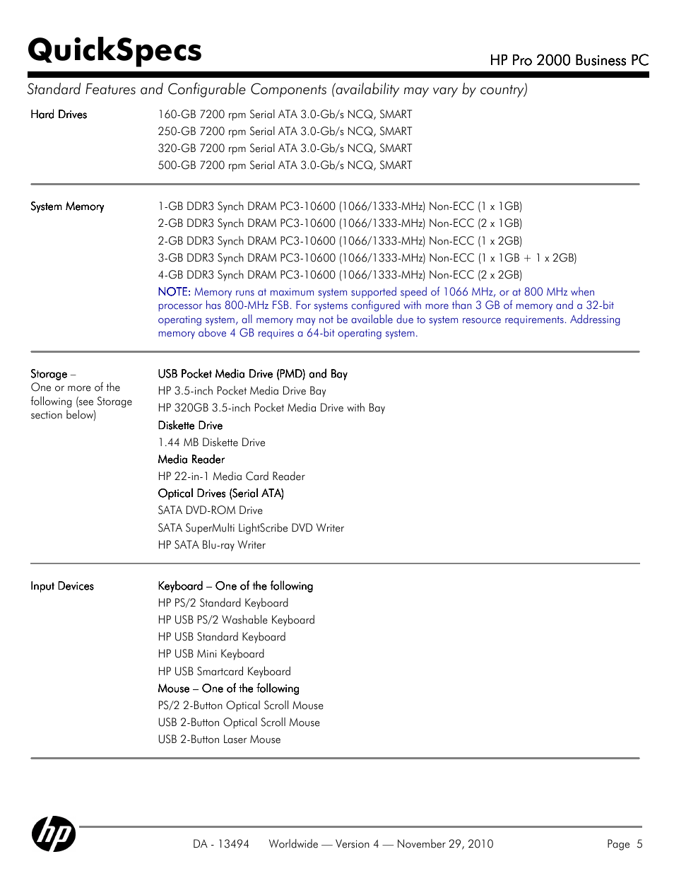 Quickspecs | HP PRO 2000 User Manual | Page 5 / 35