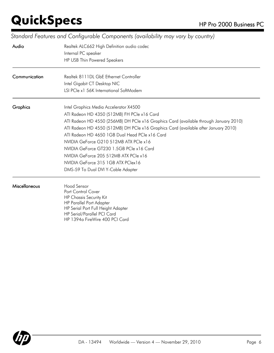 Quickspecs | HP PRO 2000 User Manual | Page 6 / 35