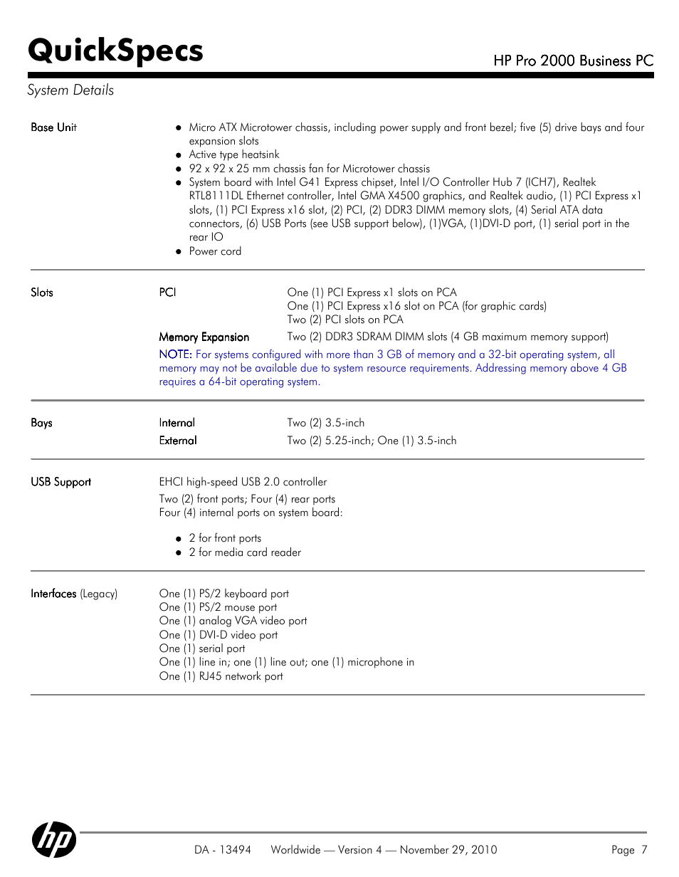System details, Quickspecs | HP PRO 2000 User Manual | Page 7 / 35