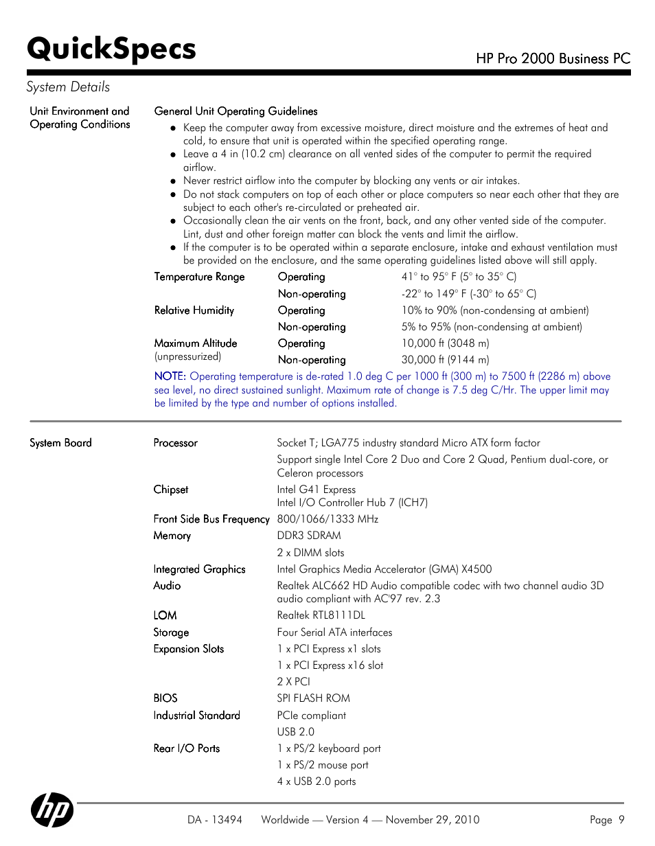 Quickspecs, Hp pro 2000 business pc, Hp pro 2000 business pc system details | HP PRO 2000 User Manual | Page 9 / 35