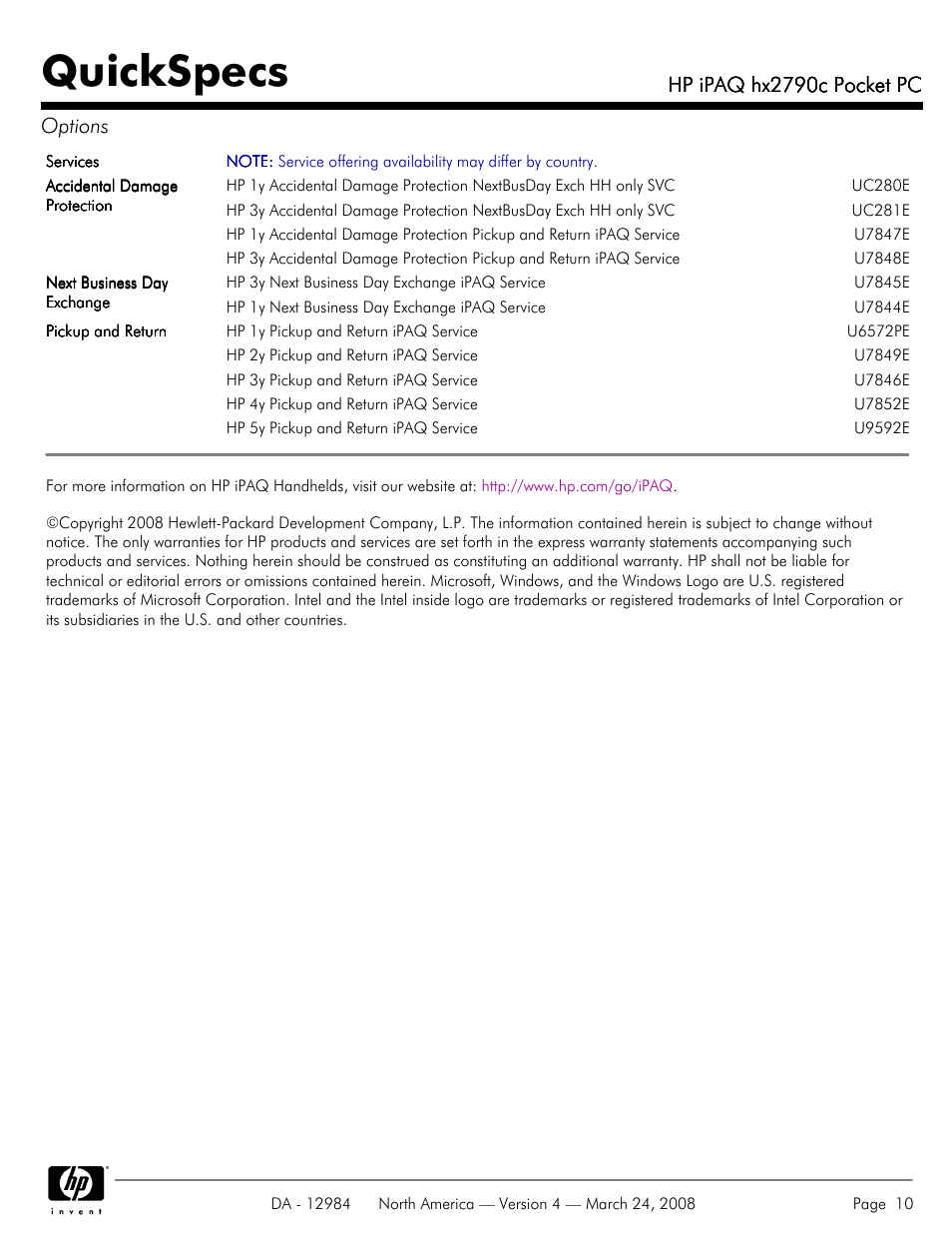 Quickspecs, Hp ipaq hx2790c pocket pc, Hp ipaq hx2790c pocket pc options | HP iPAQ hx2790c User Manual | Page 10 / 10