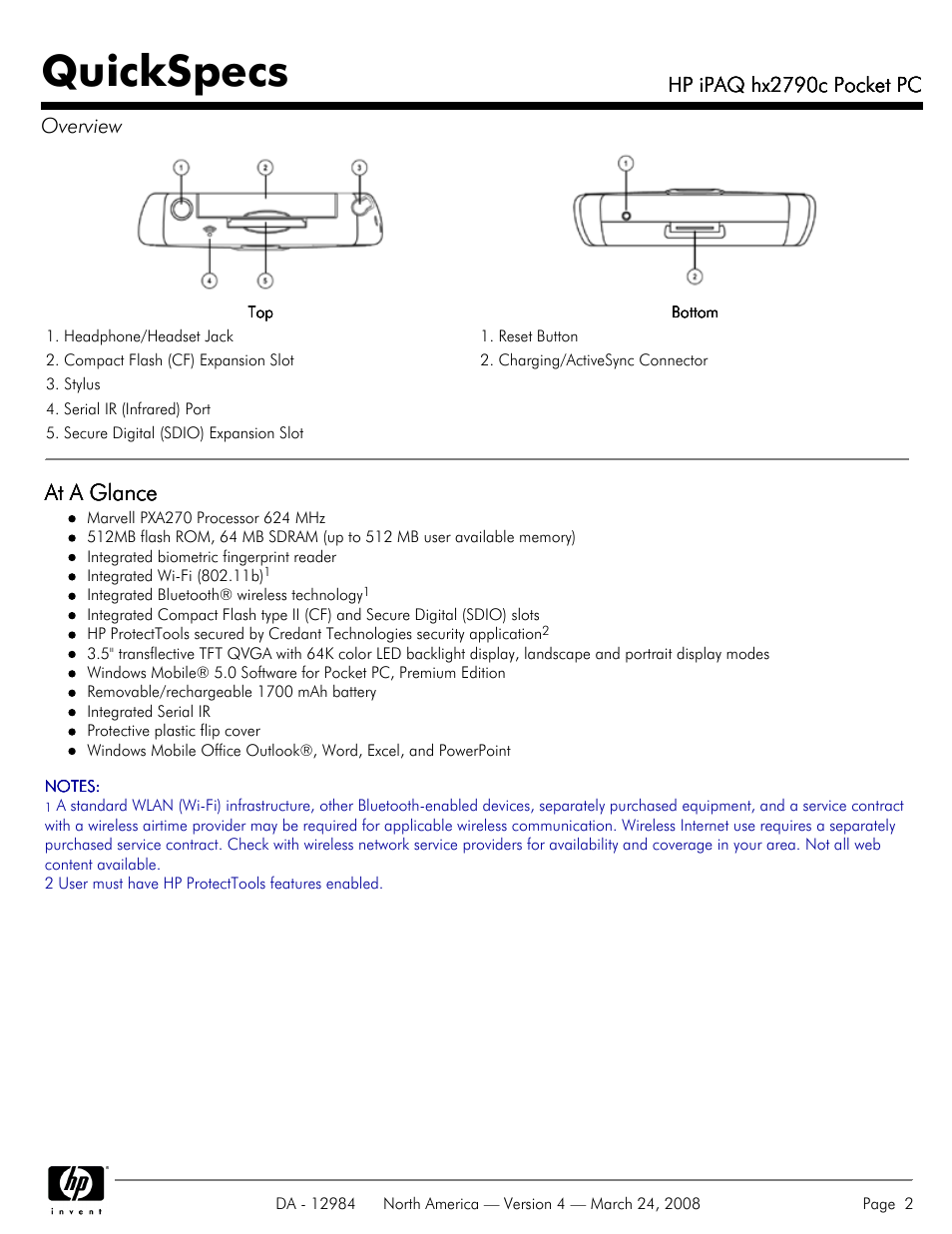 Quickspecs, At a glance, Hp ipaq hx2790c pocket pc | Hp ipaq hx2790c pocket pc overview | HP iPAQ hx2790c User Manual | Page 2 / 10