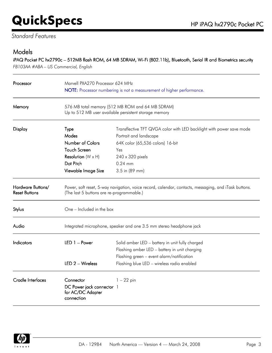 Standard features, Quickspecs, Models | Hp ipaq hx2790c pocket pc, Hp ipaq hx2790c pocket pc standard features | HP iPAQ hx2790c User Manual | Page 3 / 10