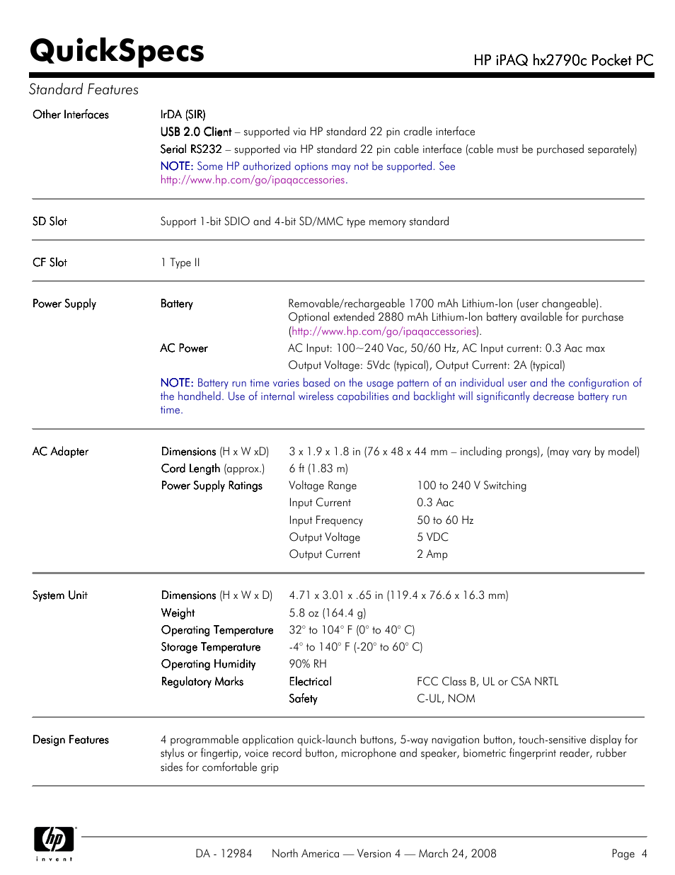 Quickspecs, Hp ipaq hx2790c pocket pc, Hp ipaq hx2790c pocket pc standard features | HP iPAQ hx2790c User Manual | Page 4 / 10