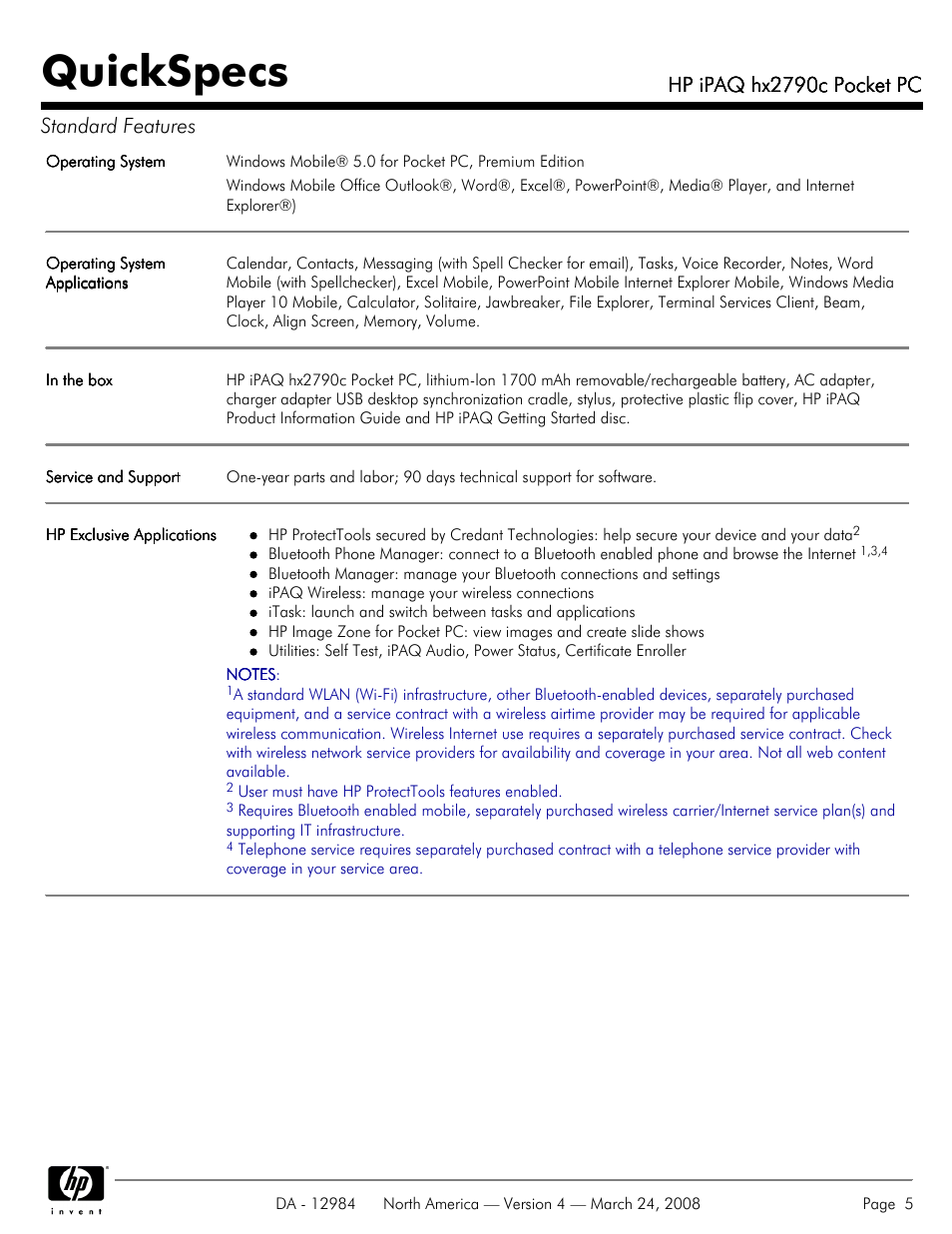 Quickspecs, Hp ipaq hx2790c pocket pc, Hp ipaq hx2790c pocket pc standard features | HP iPAQ hx2790c User Manual | Page 5 / 10