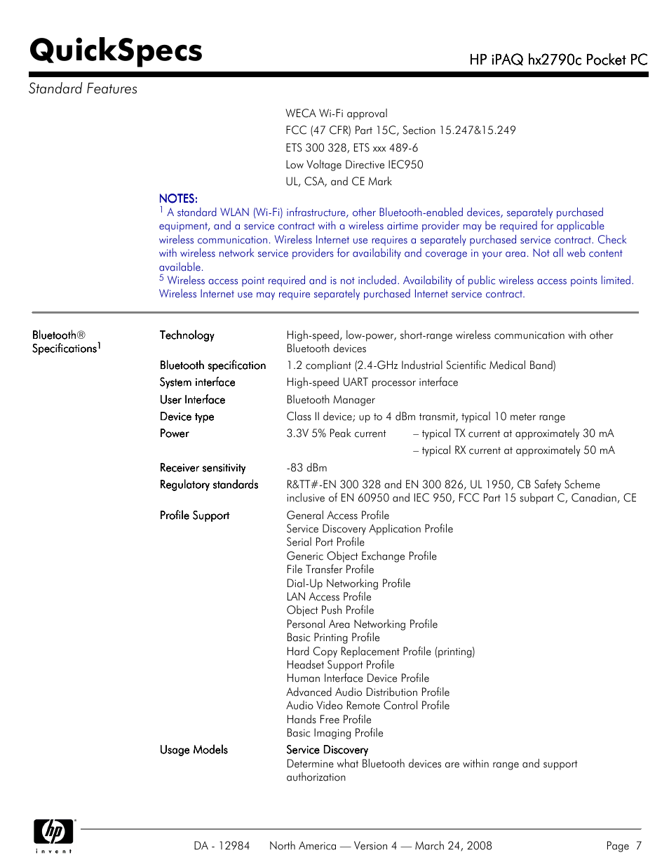 Quickspecs, Hp ipaq hx2790c pocket pc, Hp ipaq hx2790c pocket pc standard features | HP iPAQ hx2790c User Manual | Page 7 / 10