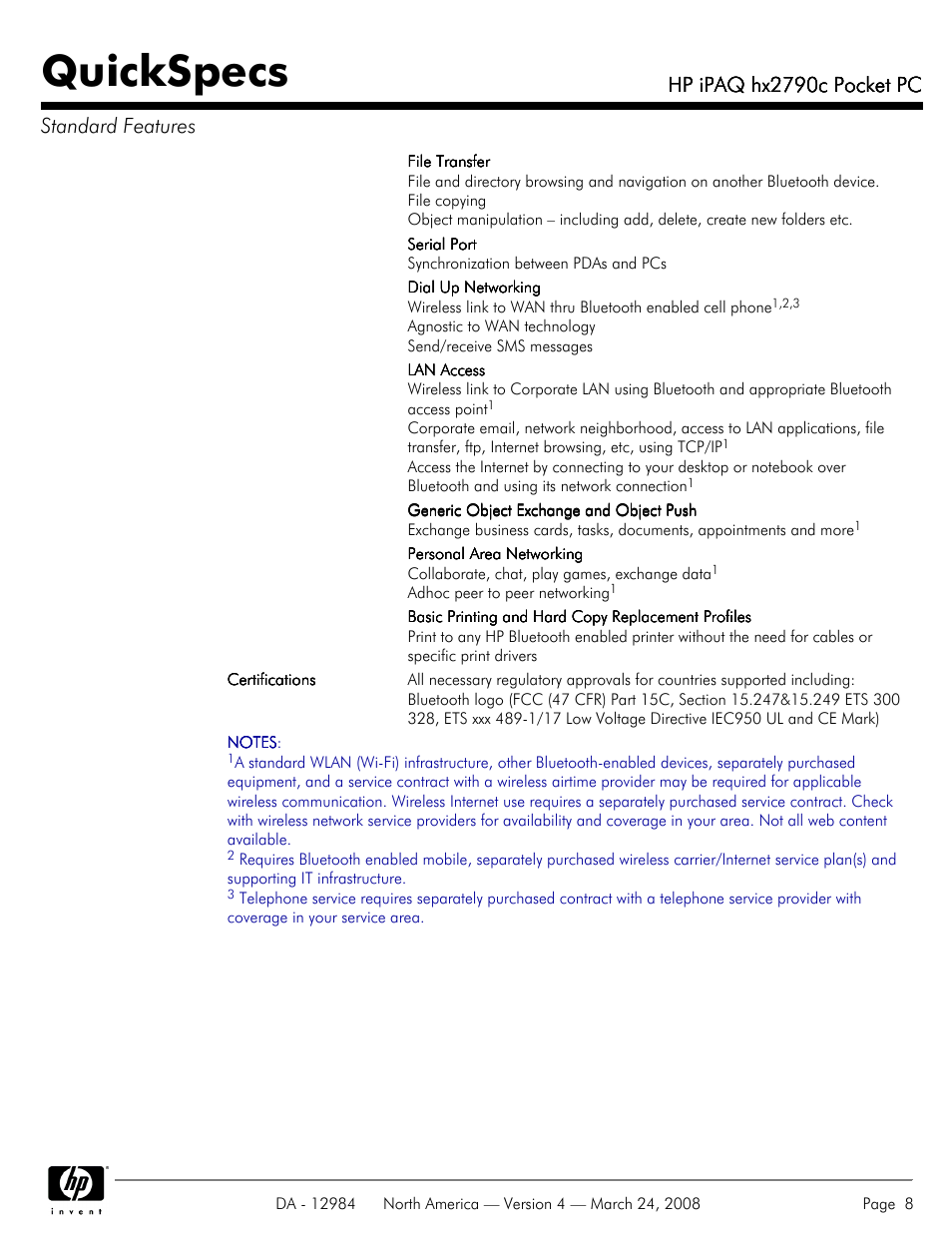 Quickspecs, Hp ipaq hx2790c pocket pc, Hp ipaq hx2790c pocket pc standard features | HP iPAQ hx2790c User Manual | Page 8 / 10