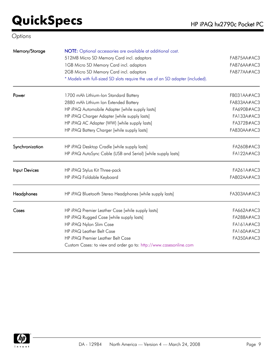 Options, Quickspecs, Hp ipaq hx2790c pocket pc | Hp ipaq hx2790c pocket pc options | HP iPAQ hx2790c User Manual | Page 9 / 10