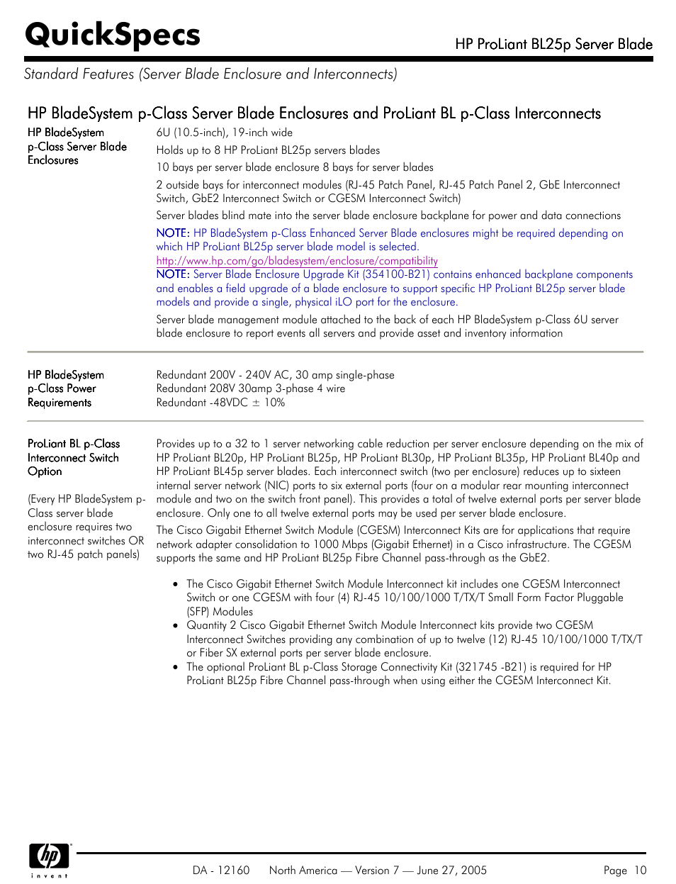 Quickspecs, Hp proliant bl25p server blade | HP 275 User Manual | Page 10 / 45