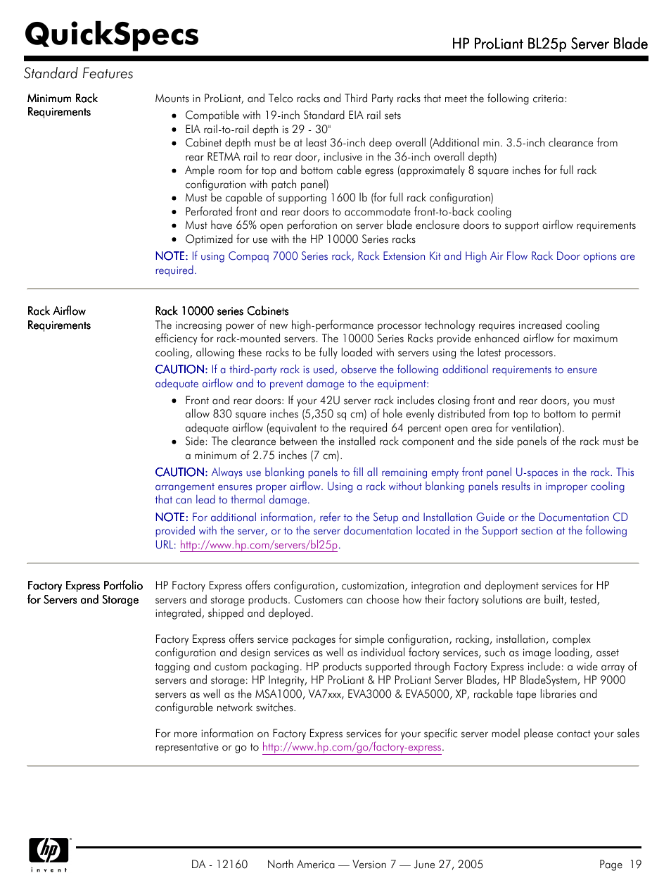 Quickspecs, Hp proliant bl25p server blade, Hp proliant bl25p server blade standard features | HP 275 User Manual | Page 19 / 45