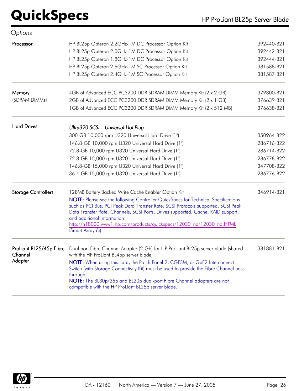 Quickspecs, Hp proliant bl25p server blade, Hp proliant bl25p server blade options | HP 275 User Manual | Page 26 / 45